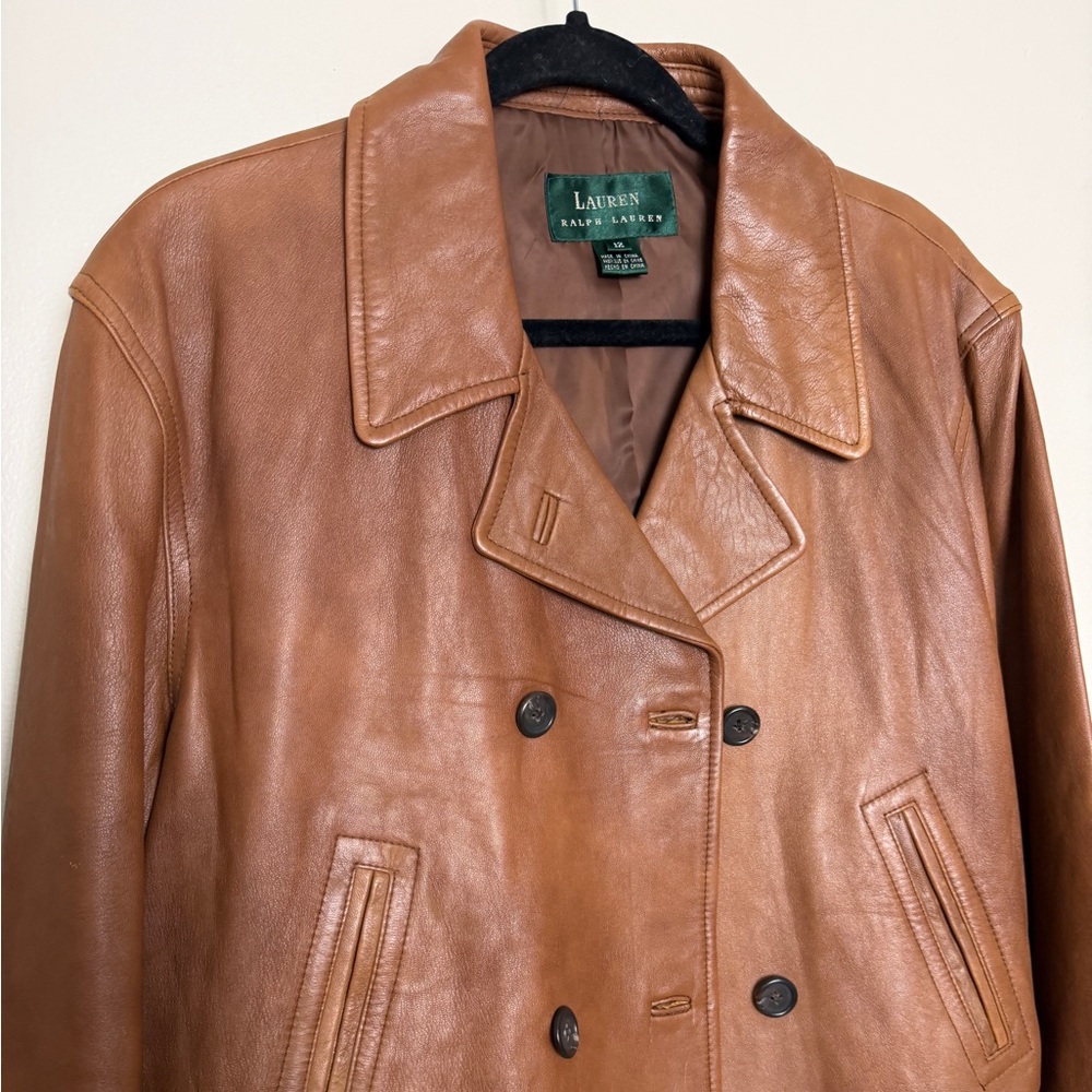 RARE ralph lauren 100% leather field coat workwear double breasted jacket sz 12 - Picture 2 of 10